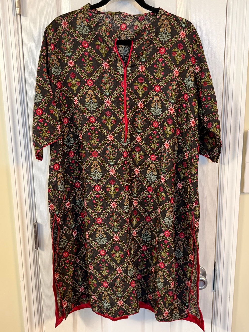 Pakistani Floral Kurta Tunic Plus Size Black Red Handmade Traditional Top